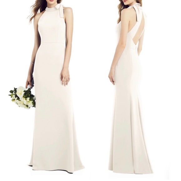 After Six Bow Neck & Open Back White/Ivory Bridal Crepe Gown 0 Hemmed to Midi! - Picture 2 of 7